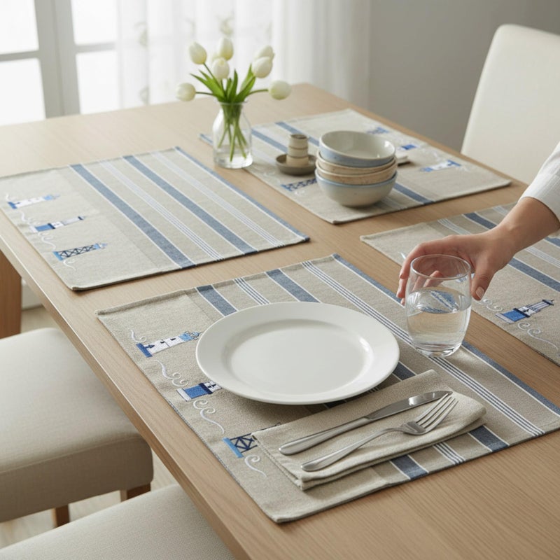 Eight Owls Nautical Placemats â€“ Set of 4 â€“â€“ Cotton Decorative Embroidered Design - Natural, Navy Blue and White (Lighthouse) - Image 2